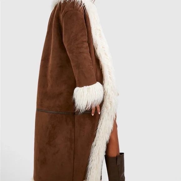 FAUX WHITE FUR TRIM BROWN SUEDETTE COAT - Picture 3 of 6